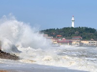 Strong winds create huge waves at the sea in Yantai, China, on October 19, 2024. (