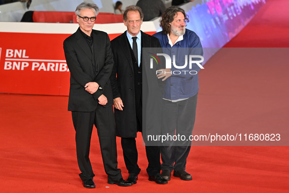 Gilles Bourdos, Vincent Lindon, and Olivier Delbosc attend the ''LE CHOIX DE JOSEPH CROSS'' red carpet during the 19th Rome Film Festival at...