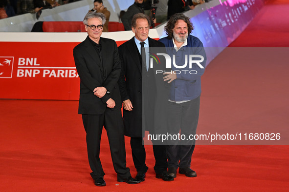 Gilles Bourdos, Vincent Lindon, and Olivier Delbosc attend the ''LE CHOIX DE JOSEPH CROSS'' red carpet during the 19th Rome Film Festival at...