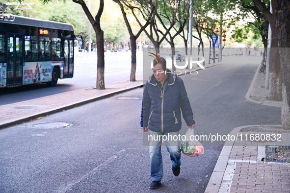 A citizen walks in thick clothes as temperatures plummet in Beijing, China, on October 19, 2024. 