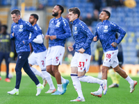 Tom Fellows of WBA warms up with teammates during the Sky Bet Championship match between Oxford United and West Bromwich Albion at the Kassa...