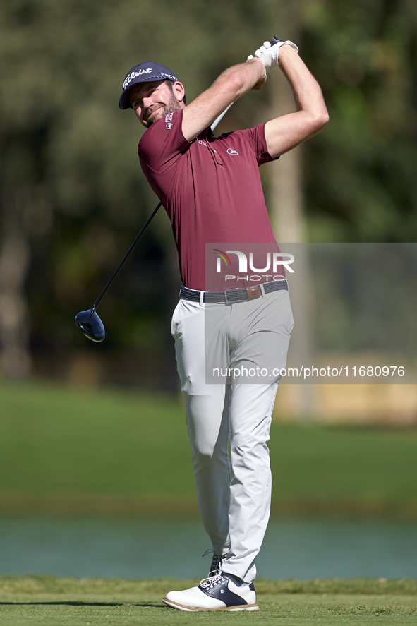 Scott Jamieson of Scotland tees off on the 2nd hole on the third day of the Estrella Damm N.A. Andalucia Masters 2024 at Real Club de Golf S...