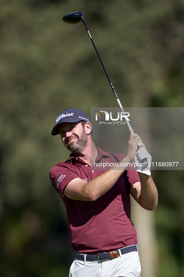 Scott Jamieson of Scotland tees off on the 2nd hole on the third day of the Estrella Damm N.A. Andalucia Masters 2024 at Real Club de Golf S...