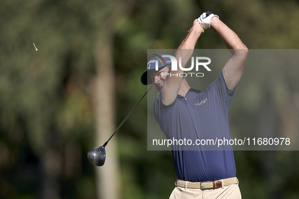 Jorge Campillo of Spain tees off on the 2nd hole on the third day of the Estrella Damm N.A. Andalucia Masters 2024 at Real Club de Golf Soto...