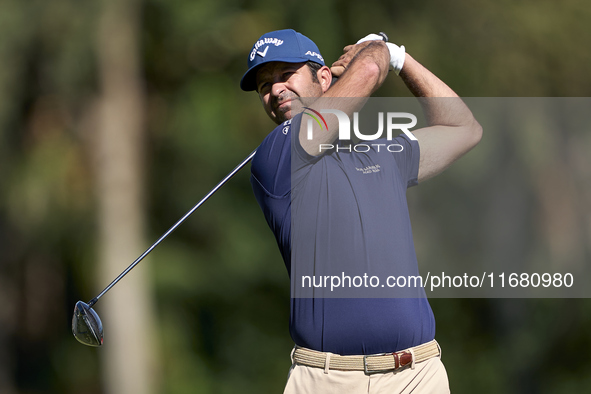 Jorge Campillo of Spain tees off on the 2nd hole on the third day of the Estrella Damm N.A. Andalucia Masters 2024 at Real Club de Golf Soto...