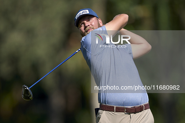 Daniel Brown of England tees off on the 2nd hole on the third day of the Estrella Damm N.A. Andalucia Masters 2024 at Real Club de Golf Soto...