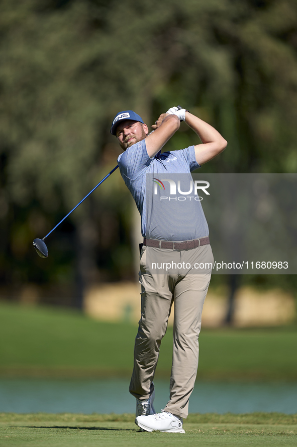 Daniel Brown of England tees off on the 2nd hole on the third day of the Estrella Damm N.A. Andalucia Masters 2024 at Real Club de Golf Soto...