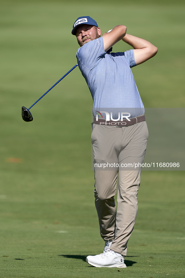 Daniel Brown of England plays his second shot on the 2nd hole on the third day of the Estrella Damm N.A. Andalucia Masters 2024 at Real Club...