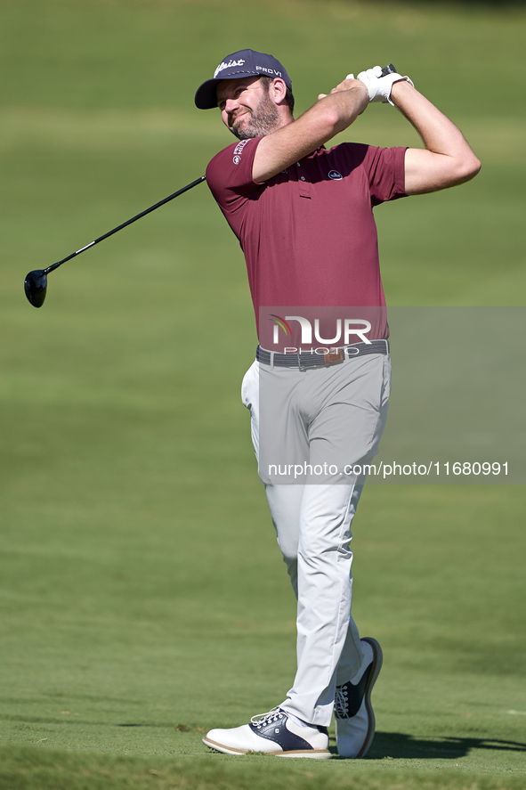 Scott Jamieson of Scotland plays his second shot on the 2nd hole on the third day of the Estrella Damm N.A. Andalucia Masters 2024 at Real C...