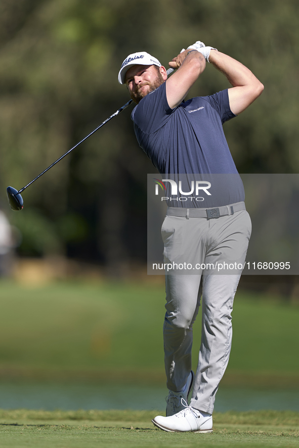 Jordan Smith of England tees off on the 2nd hole on the third day of the Estrella Damm N.A. Andalucia Masters 2024 at Real Club de Golf Soto...