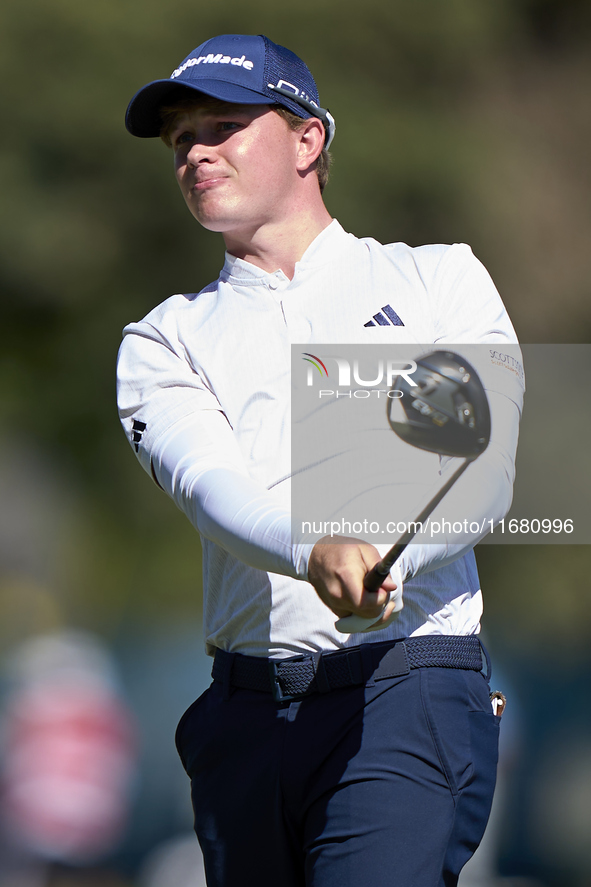 Jayden Schaper of South Africa tees off on the 2nd hole on the third day of the Estrella Damm N.A. Andalucia Masters 2024 at Real Club de Go...