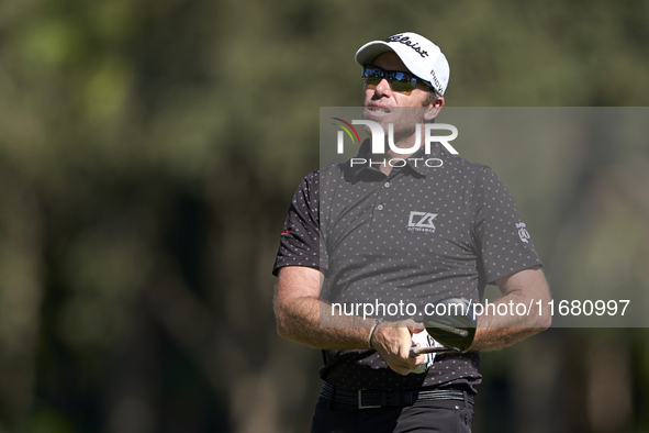 Julien Guerrier of France tees off on the 2nd hole on the third day of the Estrella Damm N.A. Andalucia Masters 2024 at Real Club de Golf So...