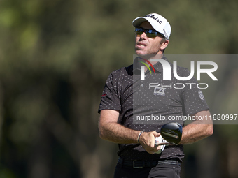 Julien Guerrier of France tees off on the 2nd hole on the third day of the Estrella Damm N.A. Andalucia Masters 2024 at Real Club de Golf So...