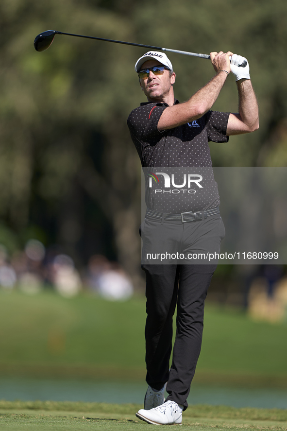 Julien Guerrier of France tees off on the 2nd hole on the third day of the Estrella Damm N.A. Andalucia Masters 2024 at Real Club de Golf So...