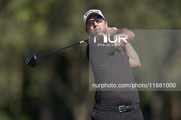 Julien Guerrier of France tees off on the 2nd hole on the third day of the Estrella Damm N.A. Andalucia Masters 2024 at Real Club de Golf So...