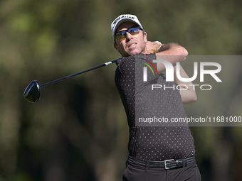 Julien Guerrier of France tees off on the 2nd hole on the third day of the Estrella Damm N.A. Andalucia Masters 2024 at Real Club de Golf So...