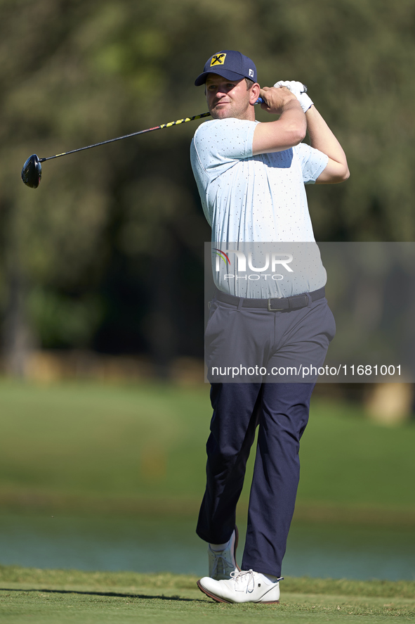 Bernd Wiesberger of Austria tees off on the 2nd hole on the third day of the Estrella Damm N.A. Andalucia Masters 2024 at Real Club de Golf...