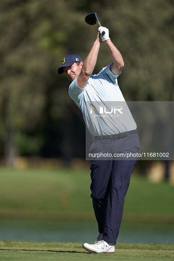 Bernd Wiesberger of Austria tees off on the 2nd hole on the third day of the Estrella Damm N.A. Andalucia Masters 2024 at Real Club de Golf...