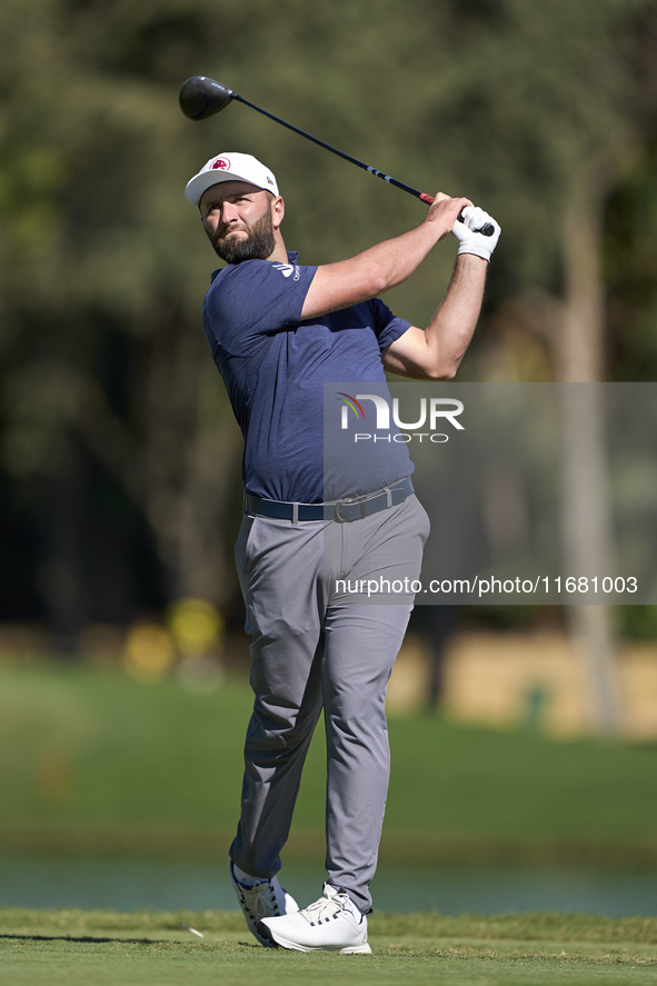 Jon Rahm of Spain tees off on the 2nd hole on the third day of the Estrella Damm N.A. Andalucia Masters 2024 at Real Club de Golf Sotogrande...