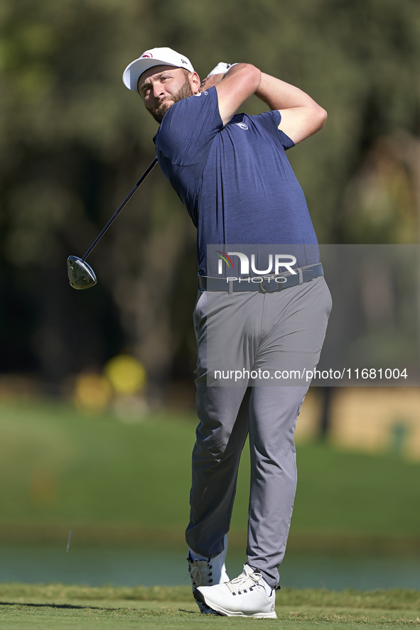 Jon Rahm of Spain tees off on the 2nd hole on the third day of the Estrella Damm N.A. Andalucia Masters 2024 at Real Club de Golf Sotogrande...