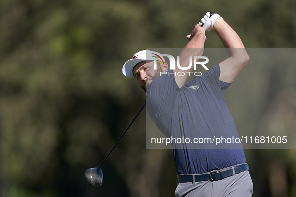 Jon Rahm of Spain tees off on the 2nd hole on the third day of the Estrella Damm N.A. Andalucia Masters 2024 at Real Club de Golf Sotogrande...