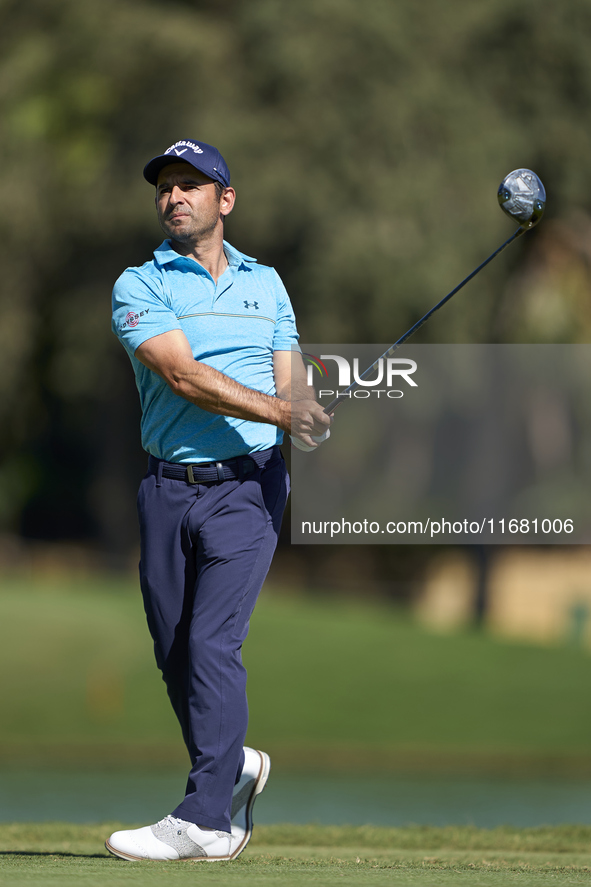 Fabrizio Zanotti of Paraguay tees off on the 2nd hole on the third day of the Estrella Damm N.A. Andalucia Masters 2024 at Real Club de Golf...