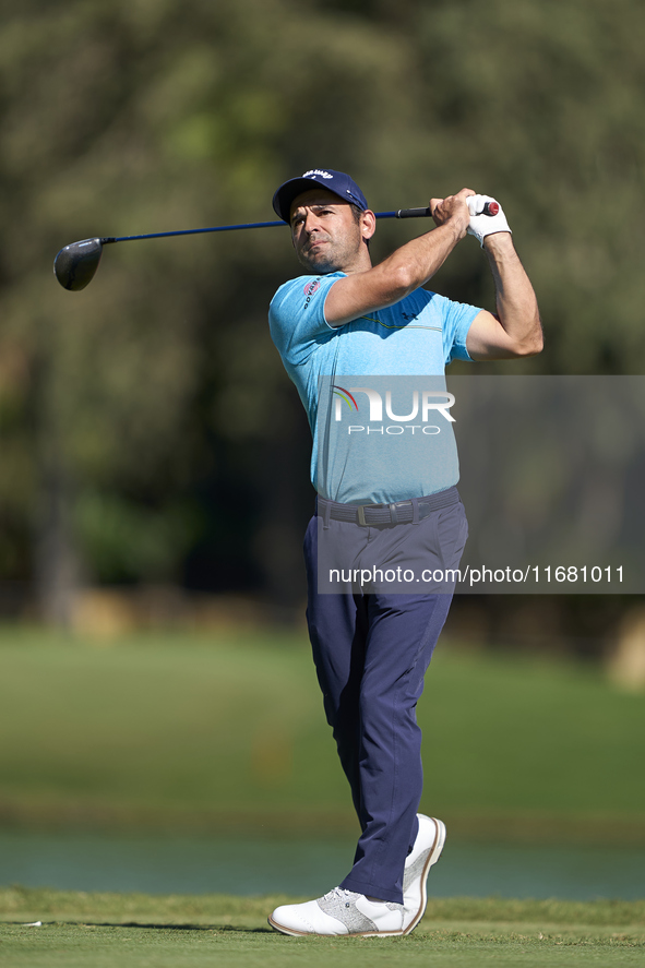 Fabrizio Zanotti of Paraguay tees off on the 2nd hole on the third day of the Estrella Damm N.A. Andalucia Masters 2024 at Real Club de Golf...