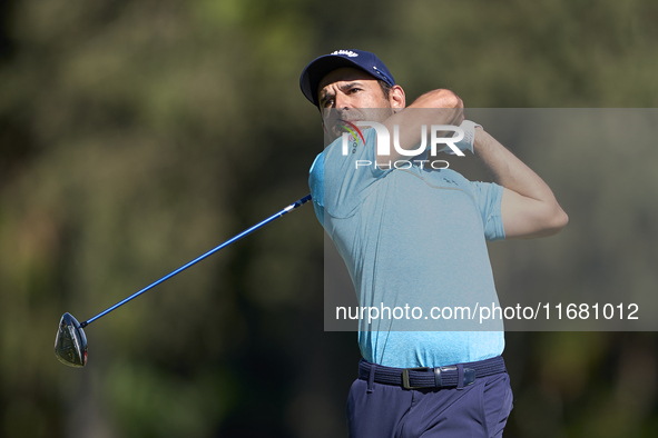 Fabrizio Zanotti of Paraguay tees off on the 2nd hole on the third day of the Estrella Damm N.A. Andalucia Masters 2024 at Real Club de Golf...