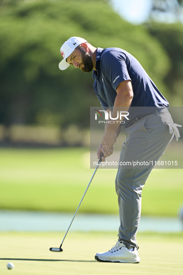 Jon Rahm of Spain plays a shot on the 1st green on the third day of the Estrella Damm N.A. Andalucia Masters 2024 at Real Club de Golf Sotog...