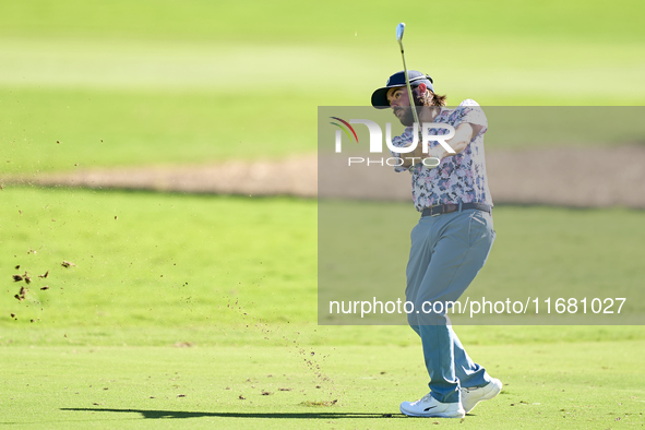 Angel Hidalgo of Spain plays his second shot on the 1st hole on the third day of the Estrella Damm N.A. Andalucia Masters 2024 at Real Club...