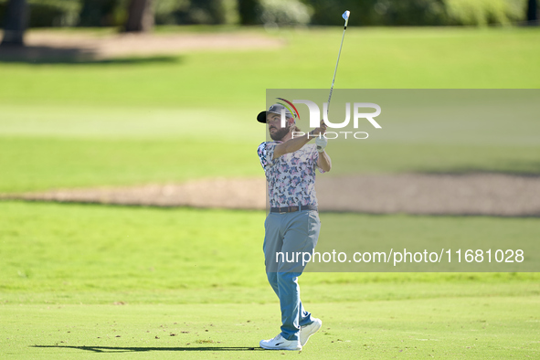 Angel Hidalgo of Spain plays his second shot on the 1st hole on the third day of the Estrella Damm N.A. Andalucia Masters 2024 at Real Club...