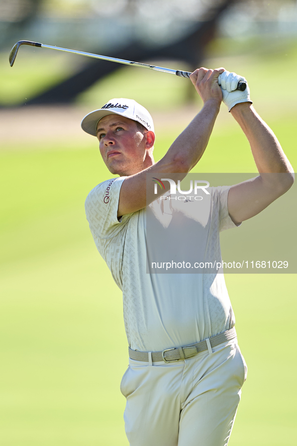 Niklas Norgaard of Denmark plays his second shot on the 1st hole on the third day of the Estrella Damm N.A. Andalucia Masters 2024 at Real C...