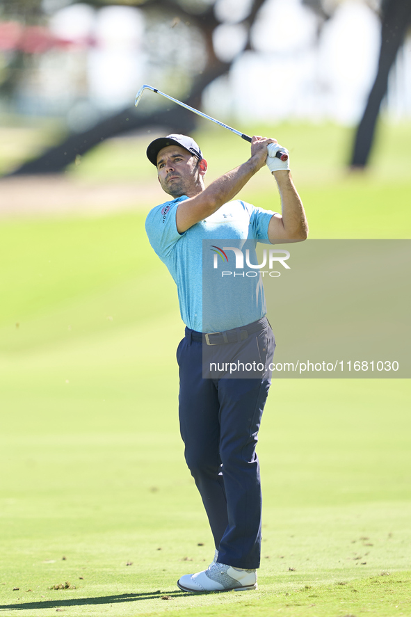 Fabrizio Zanotti of Paraguay plays his second shot on the 1st hole on the third day of the Estrella Damm N.A. Andalucia Masters 2024 at Real...