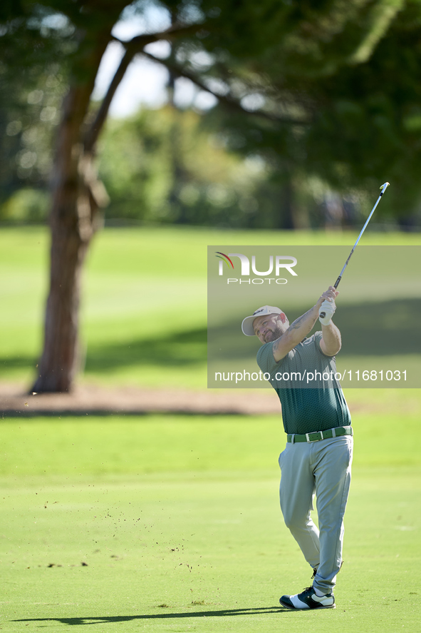 Andy Sullivan of England plays his second shot on the 1st hole on the third day of the Estrella Damm N.A. Andalucia Masters 2024 at Real Clu...