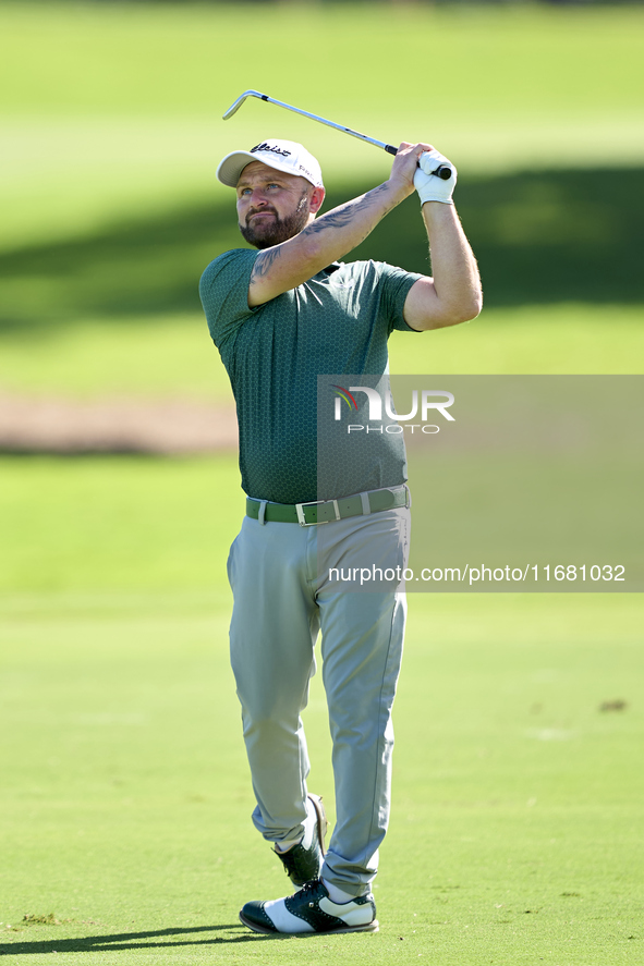 Andy Sullivan of England plays his second shot on the 1st hole on the third day of the Estrella Damm N.A. Andalucia Masters 2024 at Real Clu...