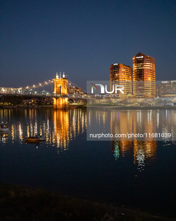 A view of the Covington skyline in Kentucky is seen from the Cincinnati side of the Ohio River during the Blink Art and Light Festival in Ci...