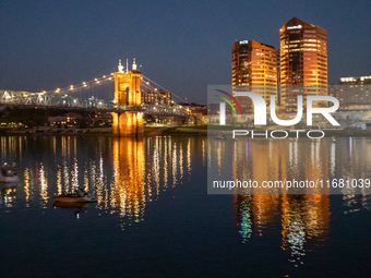 A view of the Covington skyline in Kentucky is seen from the Cincinnati side of the Ohio River during the Blink Art and Light Festival in Ci...