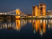 A view of the Covington skyline in Kentucky is seen from the Cincinnati side of the Ohio River during the Blink Art and Light Festival in Ci...