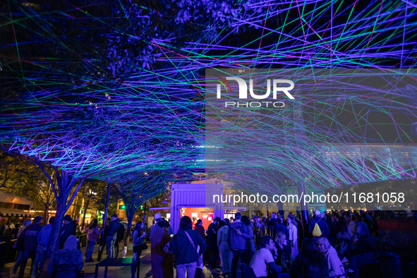 Spectators are seen during a light exhibit at the 2024 Blink Art and Light Festival in Cincinnati, Ohio, on October 18, 2024. 