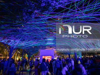 Spectators are seen during a light exhibit at the 2024 Blink Art and Light Festival in Cincinnati, Ohio, on October 18, 2024. (