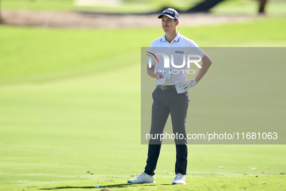 Daniel Hillier of New Zealand studies his shot on the 1st hole on the third day of the Estrella Damm N.A. Andalucia Masters 2024 at Real Clu...