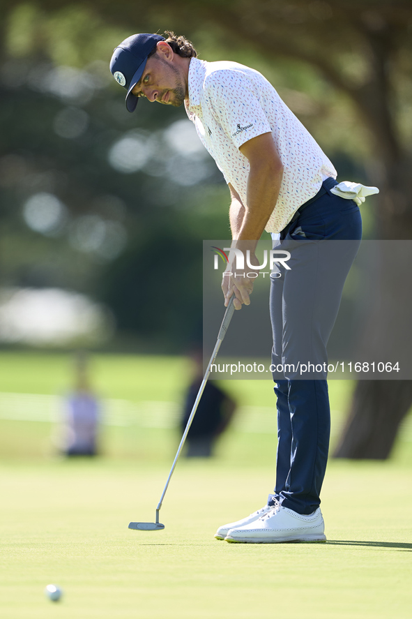 Marco Penge of England plays a shot on the 1st green on the third day of the Estrella Damm N.A. Andalucia Masters 2024 at Real Club de Golf...