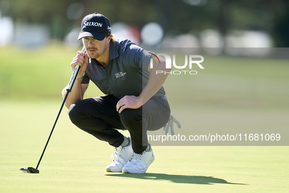 Sean Crocker of the USA studies his shot on the 1st green on the third day of the Estrella Damm N.A. Andalucia Masters 2024 at Real Club de...