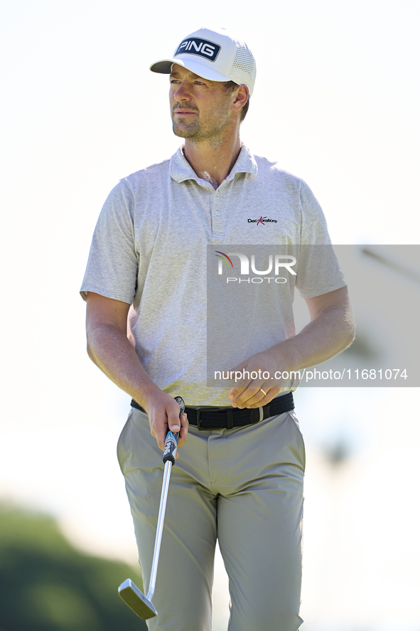 Victor Perez of France reacts on the 1st green on the third day of the Estrella Damm N.A. Andalucia Masters 2024 at Real Club de Golf Sotogr...