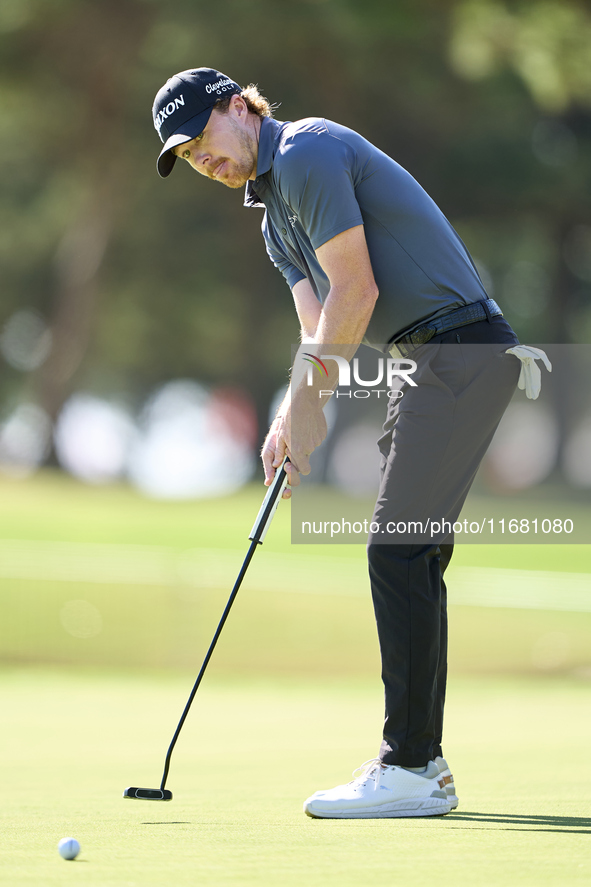 Sean Crocker of the USA plays a shot on the 1st green on the third day of the Estrella Damm N.A. Andalucia Masters 2024 at Real Club de Golf...