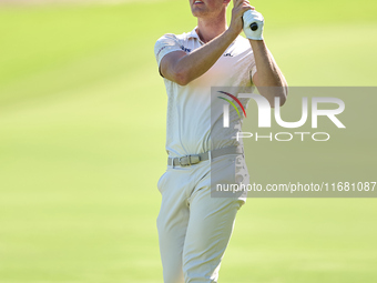 Niklas Norgaard of Denmark plays his second shot on the 1st hole on the third day of the Estrella Damm N.A. Andalucia Masters 2024 at Real C...