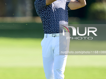 Johannes Veerman of the USA plays his second shot on the 1st hole on the third day of the Estrella Damm N.A. Andalucia Masters 2024 at Real...