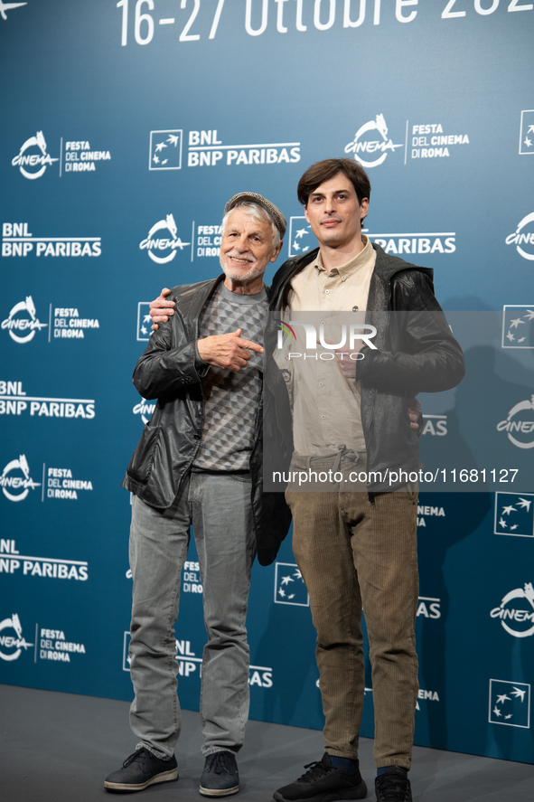 Michele Placido and Michelangelo Placido attend the ''Eterno Visionario'' photocall during the 19th Rome Film Festival at Auditorium Parco D...