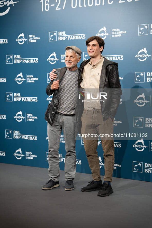 Michele Placido and Michelangelo Placido attend the ''Eterno Visionario'' photocall during the 19th Rome Film Festival at Auditorium Parco D...