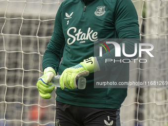 Jordan Pickford of Everton warms up before the Premier League match between Ipswich Town and Everton at Portman Road in Ipswich, England, on...